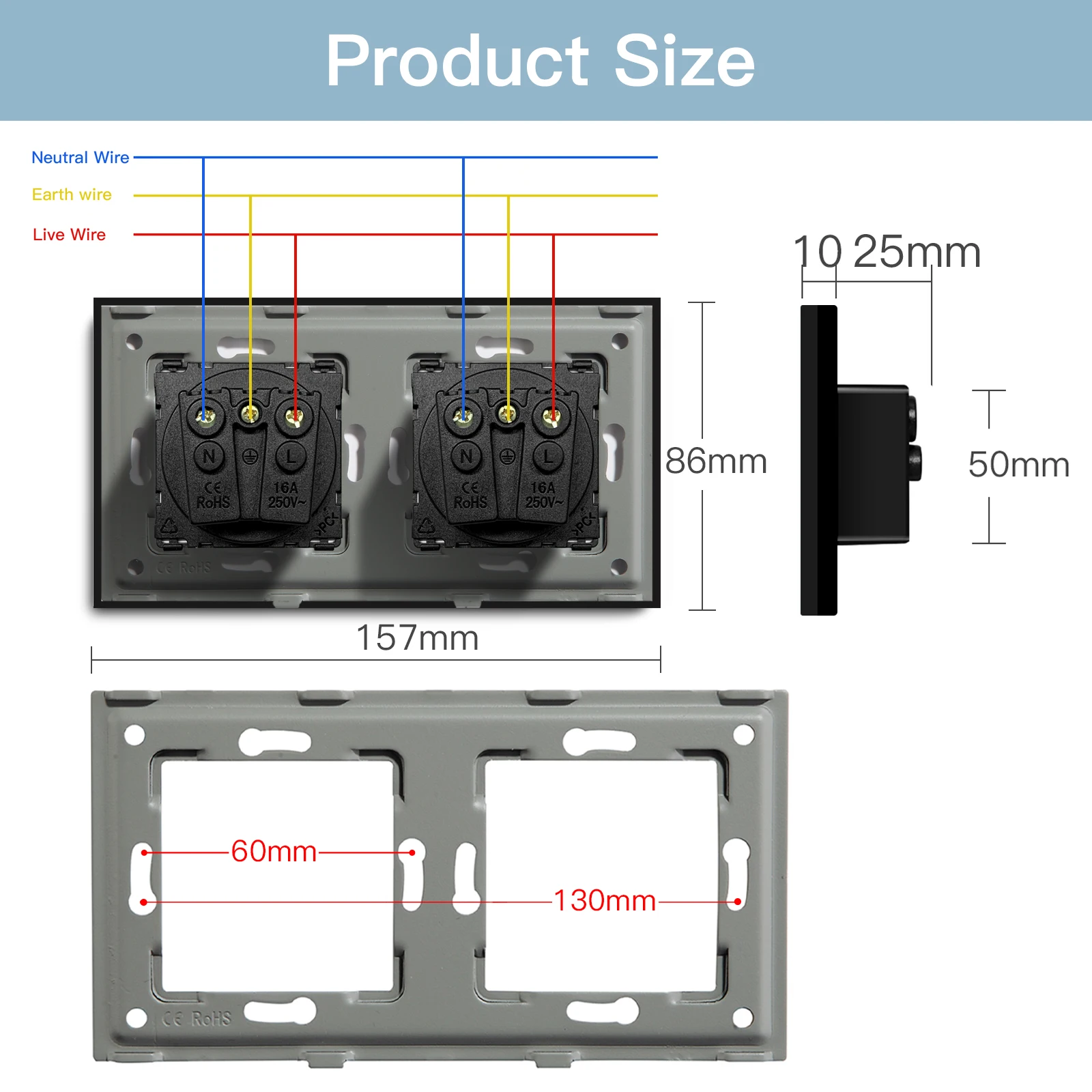 BSEED French Standard Single Wall Power Sockets Double France Outlets Triple Plugs Crystal Glass Panel Children Protection 16A