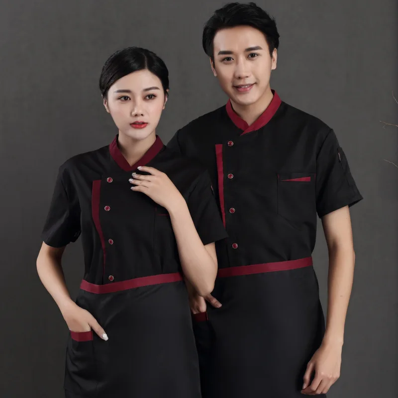 Chef Overalls แขนสั้นผู้ชายฤดูร้อนบาง Plus-Sized Plus-Sized ห้องครัวโรงอาหารสีดำ Breathable chef Uniform