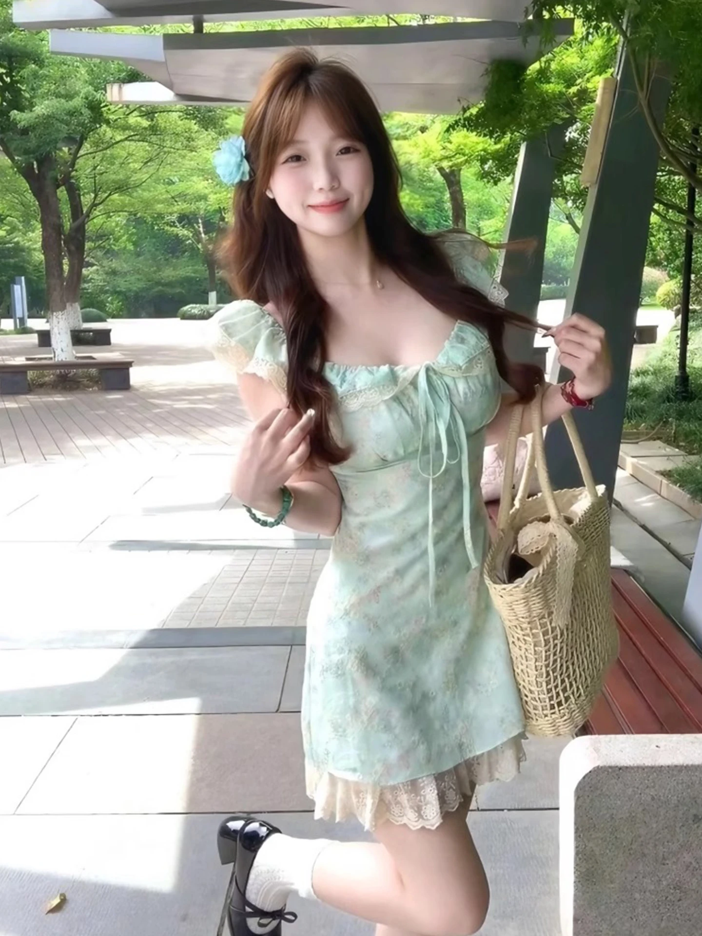 Słodka Spódnica Koronkowa w Kwiaty dla Kobiet, Letnia Nowość, Wysoki Stan, Krój A-Line, Mieszanka Poliestru i Bawełny