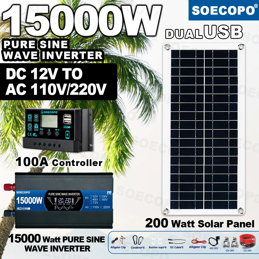 

SOECOPO Portable Solar Panels Kit for Home 15000W Pure Sine Wave Inverter (12V 110V/220V) 200W Panel 100A Controller Camping RV
