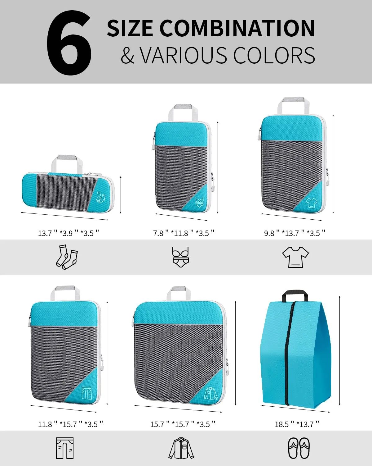 3/6PCS Compressed Packing Cubes Travel Storage Set With Shoe Bag Mesh Visual Luggage Organizer Portable Lightweight Suitcase Bag