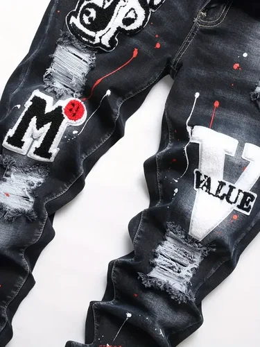 Imagen 2 del producto Pantalones vaqueros elásticos y2k para hombre, pantalones informales rasgados con estampado de letras ajustadas y cintura elástica, pantalones vaqueros ajustados con agujeros de Hip Hop