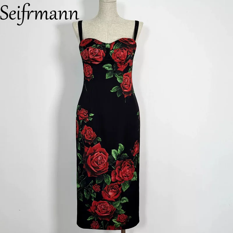 Seifrmann Casual Printed Silk Sling Dress Square Neck Sleeveless Waist Cover Hip Dress 2026 Autumn Fashion Women's New Style