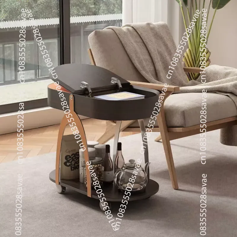 Modern and Durable Rolling Console Table with Leather Top To Hide Storage Space for Living Room Use