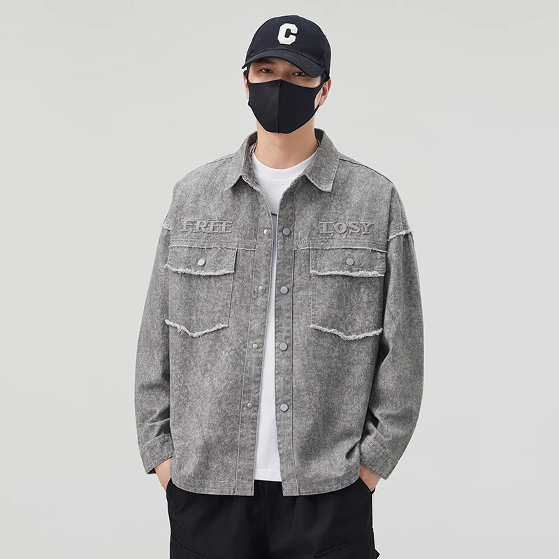 

Мужская джинсовая куртка Ele Waed: весенне-осенняя, повседневная, с вышивкой, свободного кроя, с длинными рукавами, классический воротник, верхняя одежда