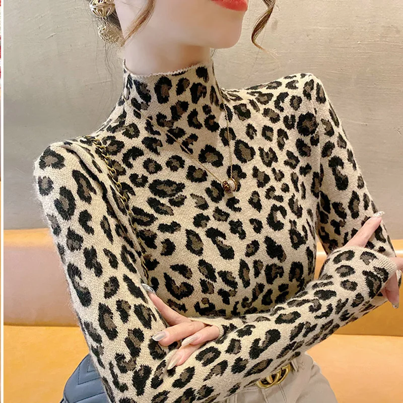 

Female Clothing Fashion Leopard Knitwear Tops Elastic Slim Soft Wool Pullovers Autumn Winter Y2k Vintage Casual Sweaters