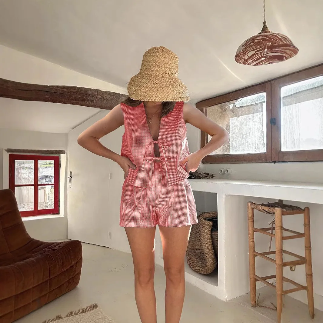 

Женский комплект с шортами, клетчатая шнуровка, топы без рукавов с v-образным вырезом, шорты с эластичным поясом, одежда для дома, комплект из 2 предметов в полоску, одинаковый комплект