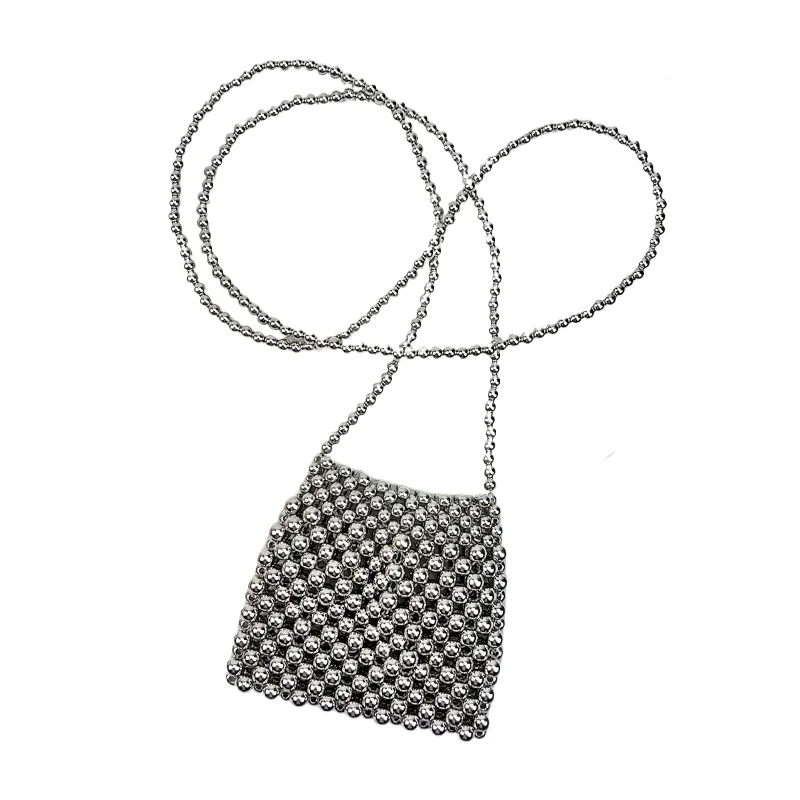 

Women's Mini Beaded Crossbody Bag Chain Strap Silver Handmade Evening Party Coin Purse Stylish