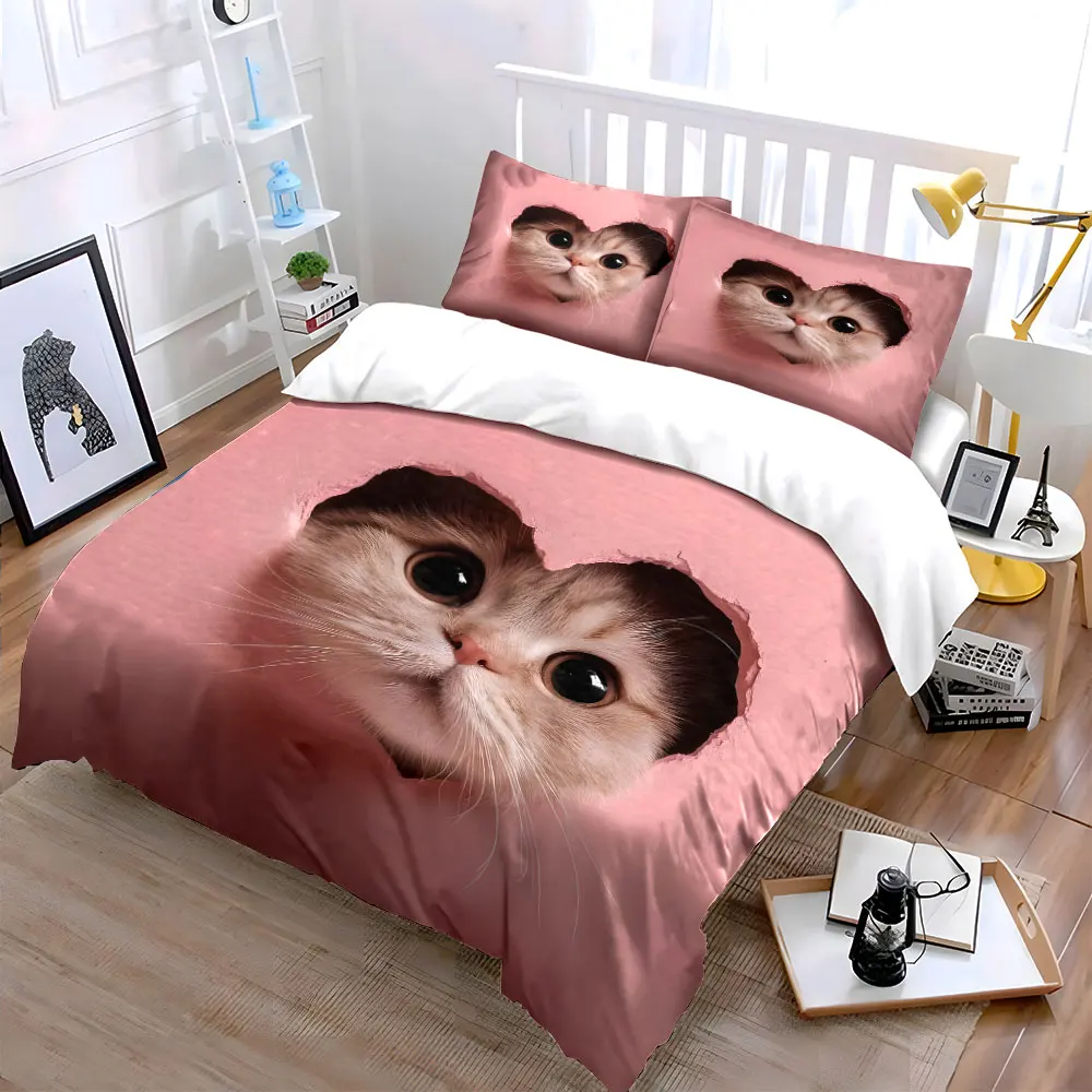 Cat peeking through a hole Bedding Set for Kids Luxury Gift 3pcs Digital Print Comforter Set Soft Comfortable Breathable