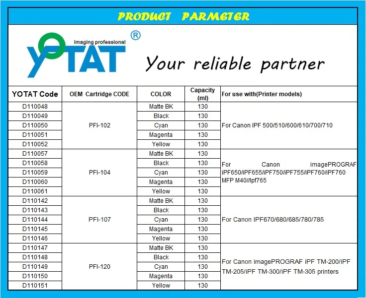 130ml 5Color/set PFI-120 PFI102 PFI-107 PFI104 Refillable Ink Cartridge Without Chip For Canon iPF600 iPF650 iPF700 iPF655