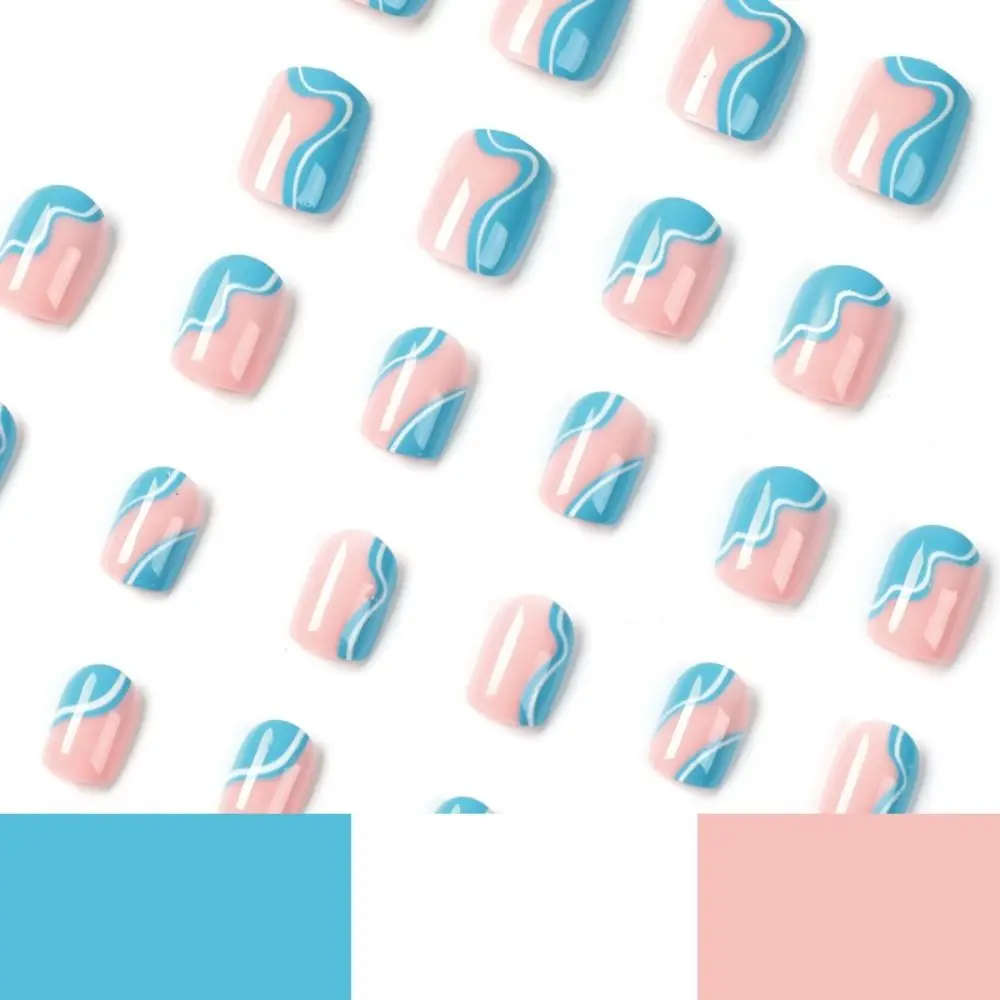 24pcs Press on Nails French Pink White Spots Blue White Wavey Short Fake Nails Square Ballerina