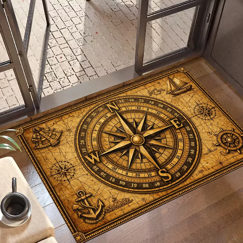 Vintage Nautical Compass Treasure Map 2D Flat Print Non Slip Washable Rug Mat For Entrance Hallway Bathroom Porch