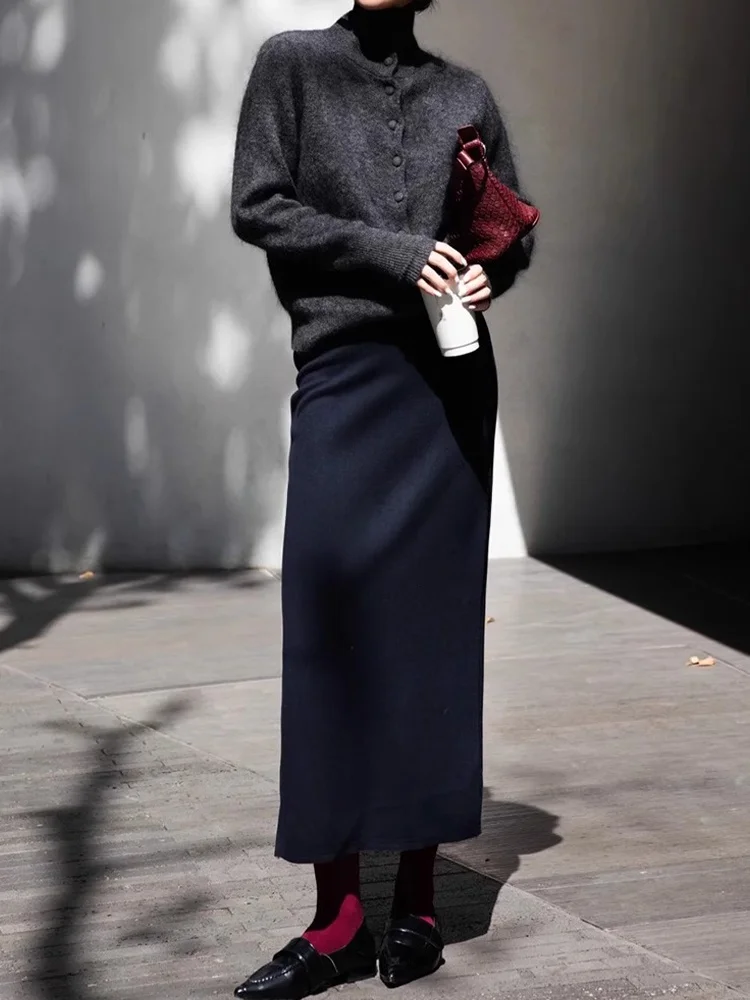 

ROUJE KEFSS Women's High Collar Knitted Sweater Cardigan And Midi Skirt Set Autumn Winter Faion Ele Long Sve