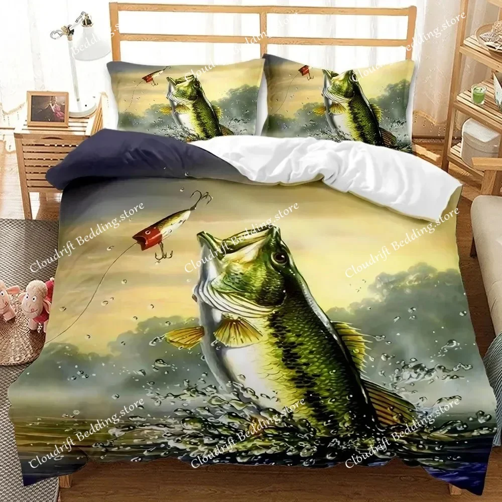

Big Pike Fishing Hunting Bedding Set Boys Girls Twin Queen Size Duvet Cover Pillowcase Bed Kids Adult Home Textile