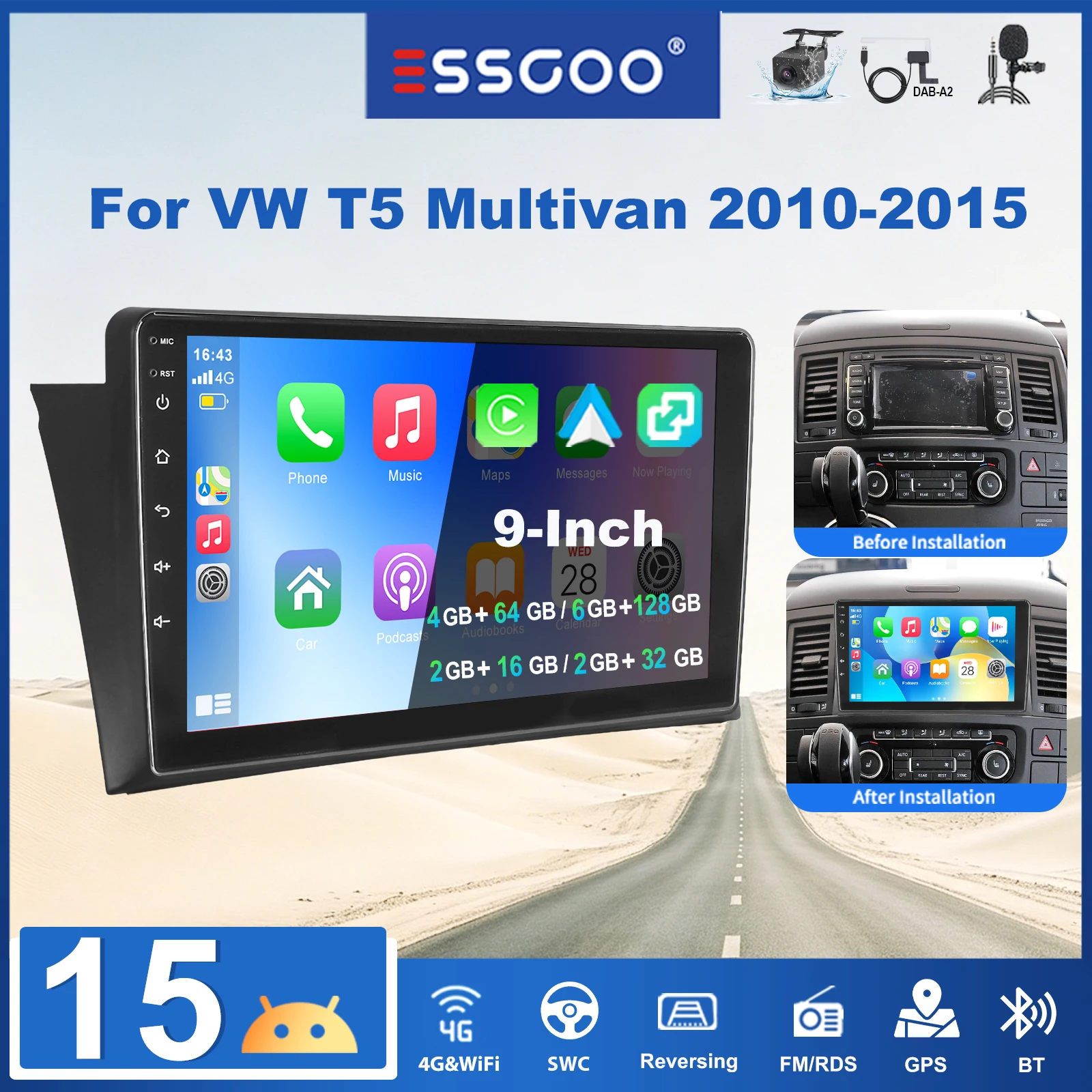 ESSGOO 9" 2 DIN Android 15 Autoradio 2+16G/ 2+32G/ 4+64G/ 6+128G für VW T5 Multivan 2010-2015, kabelloses Carplay, Android Auto, GPS, NAVI, RDS, FM, WIFI, Bluetooth, Mirror Link, Lenkradsteuerung,