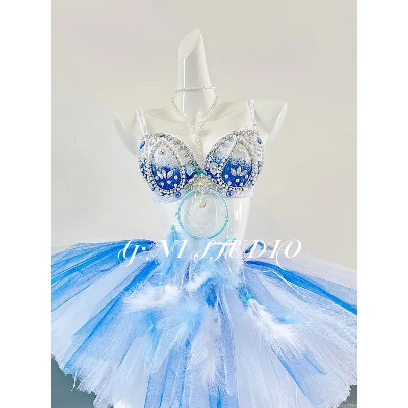 Conjunto de falda tutú de sílaba eléctrica con rebote de diamante brillante de primera calidad azul Rave Ocean Dreamcatcher personalizado