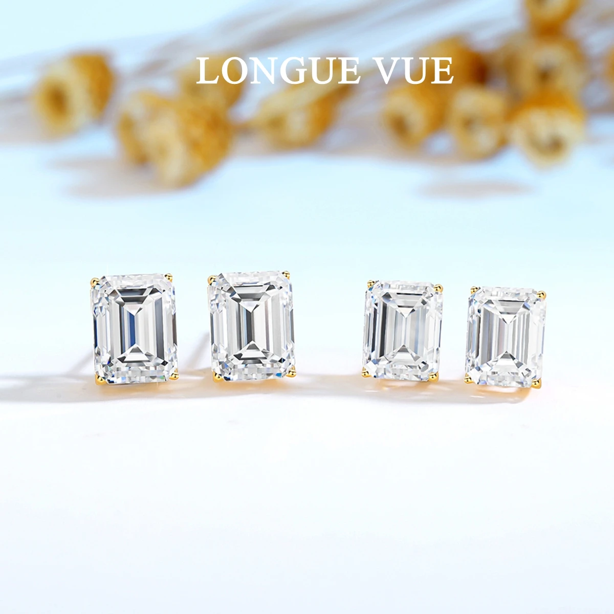 

14K Gold Rectangle Moissanite Stud Earring Sparkling Prong Setting Emerald Cut Lab Diamond Ear Studs for Women Wedding Party