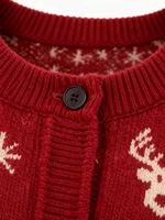 Women's Burgundy Red Printed Knitted Cardigan with Christmas Reindeer Gingerbread Man Snowflake Pattern, Round-Neck Long-Sleeved Festive Sweater Cardigan 6
