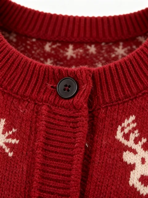Women's Burgundy Red Printed Knitted Cardigan with Christmas Reindeer Gingerbread Man Snowflake Pattern, Round-Neck Long-Sleeved Festive Sweater Cardigan 6 Women's Burgundy Red Printed Knitted Cardigan with Christmas Reindeer Gingerbread Man Snowflake Pattern, Round-Neck Long-Sleeved Festive Sweater Cardigan 6