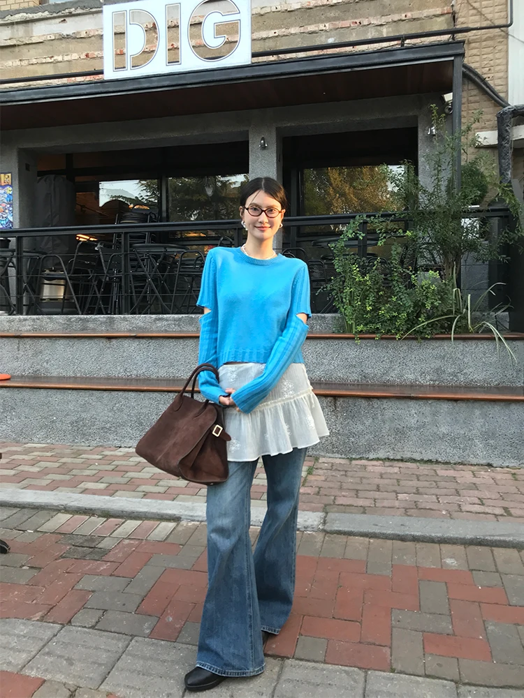 

Синий вязаный свитер MOWENTI для женщин, осенне-зимняя новинка, с дизайнерскими вырезами, облегающий, с круглым вырезом, длинными рукавами