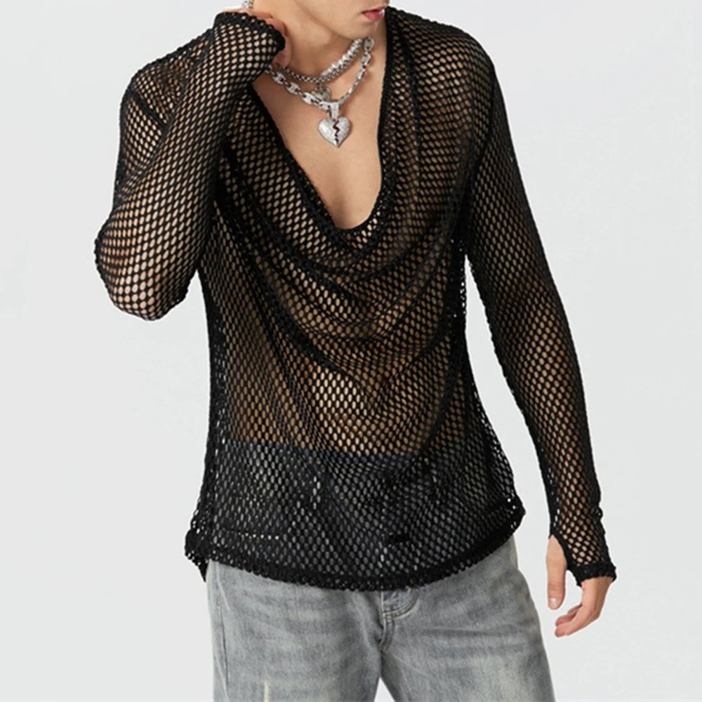 

Mens Sexy See-Through Mesh Long-Sleeved Top 2024 New Genderless Nightclub Individuality Youthful Thin Low-Cut T-Shirt Unisex