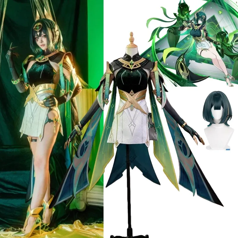 

Game Genshin Impact Nefer Cosplay Costume Green Uniform Dress Wig Full Set for Women Halloween Anime Party Roleplay Outfits