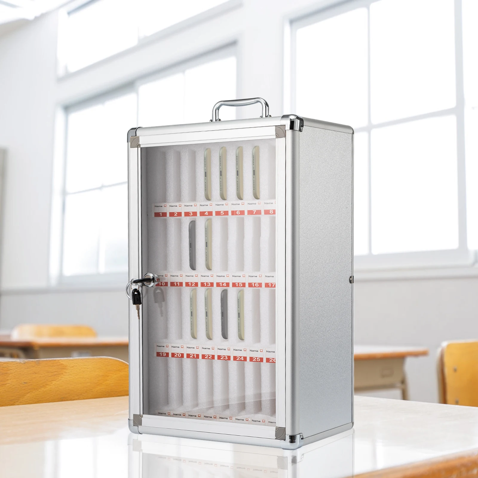 Silver Aluminum Alloy 32*20*49cm Lock Cell Phone Storage Cabinet 36-bit Pearl Cotton Interlayer Cell Phone Safe Deposit Box