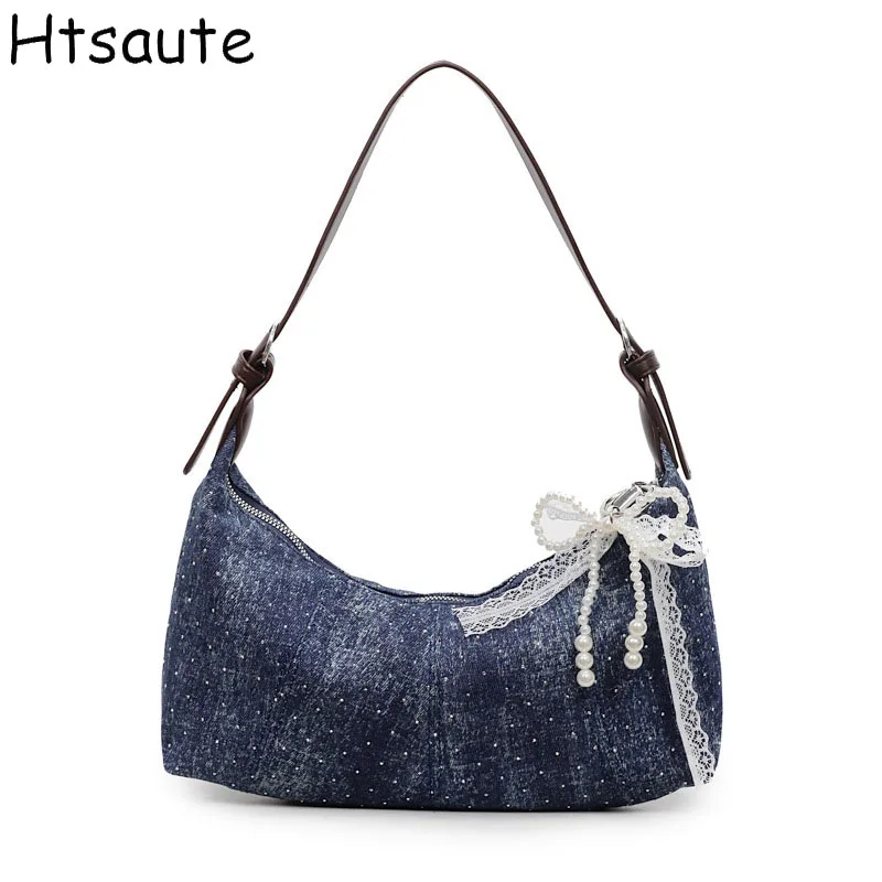 

Trendy Soft Denim Cloth Textile Women Shoulder Bags Large Capacity Vintage Female Retro Crossbody Bag For Commute Outings
