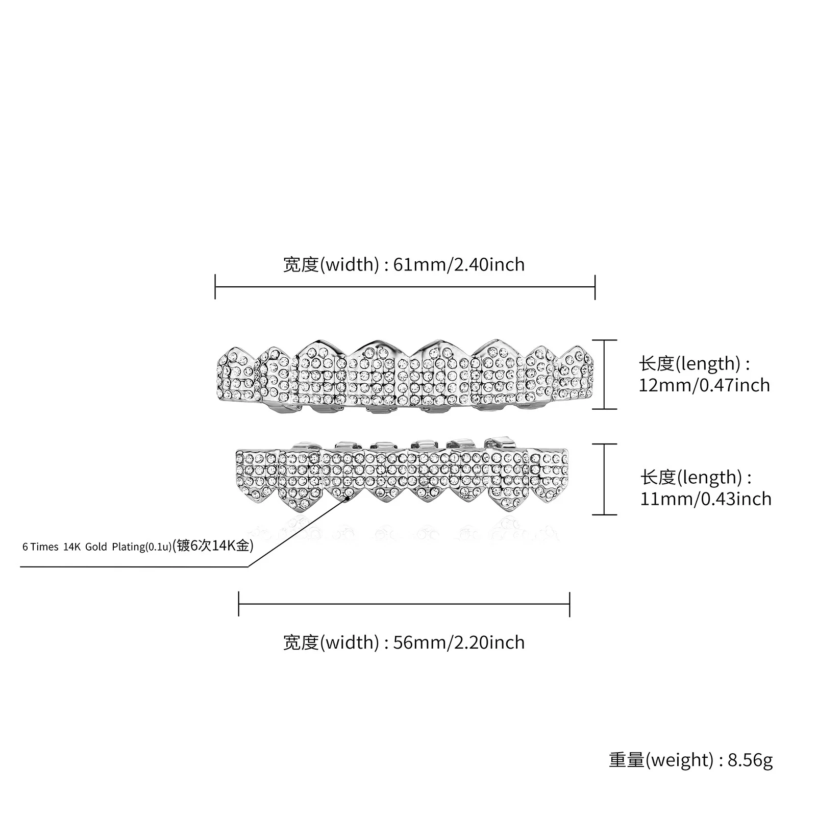 Punk Vollzirkonia Grillz Unisex 8 Oben & 8 Unten Abnehmbare Zahnschmuckstücke Hochwertige Modische Zahnschmuckstücke für den Mund – Detail 7