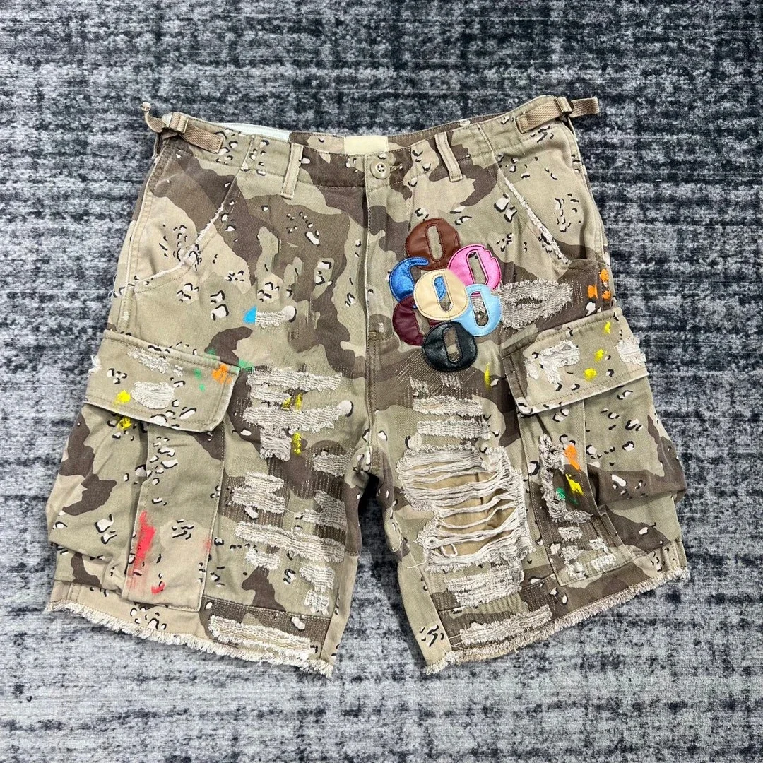 Gallery dept talk Summer Fashion Camouflage Splicing Leather Letter Washed Retro Knee Jeans Men Women Shorts