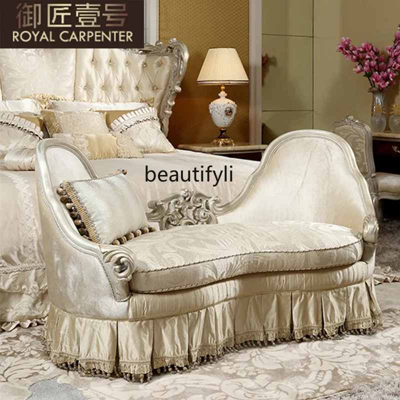 

B06 European-style bedroom furniture, solid wood hand-carved luxury fabric chaise longue, bedside stool