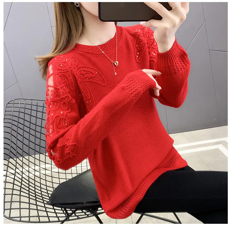 Hollow Out Knit Woman Sweater Spring Autumn New Lace Long Sleeve Pullovers Bottoming Womens Clothing O-neck Pull Femme Tops