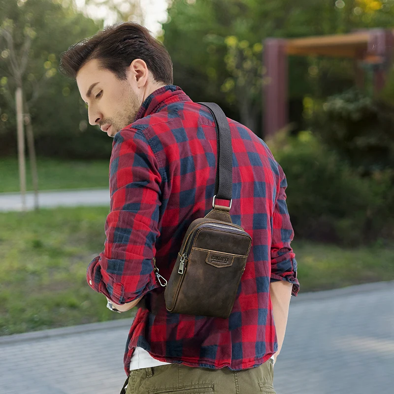 Bolso de pecho de cuero genuino para hombre, bandolera pequeña de viaje informal, Mini bolso de mensajero