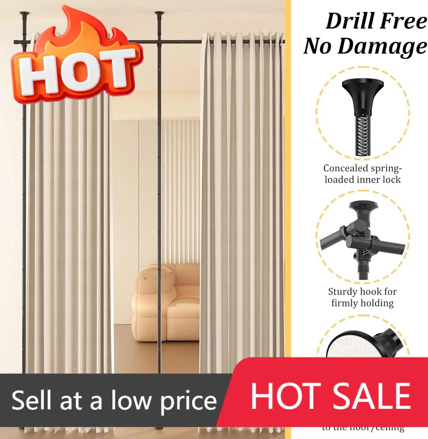 

Black Adjustable Floor To Ceiling Room Divider Curtain Rod Heavy Duty Space Separator 28 171Inch W 4 10Ft H