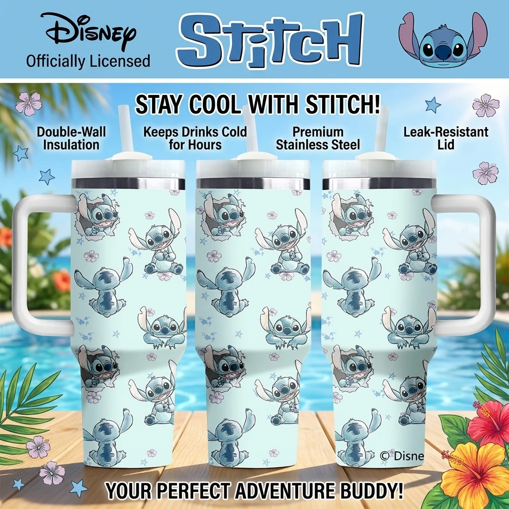 1pc 40oz Disney Stitch Stainless Steel Tumbler Cup for Hot & Cold Drinks Insulated Travel Mug with Handle & Straw Perfect Gift
