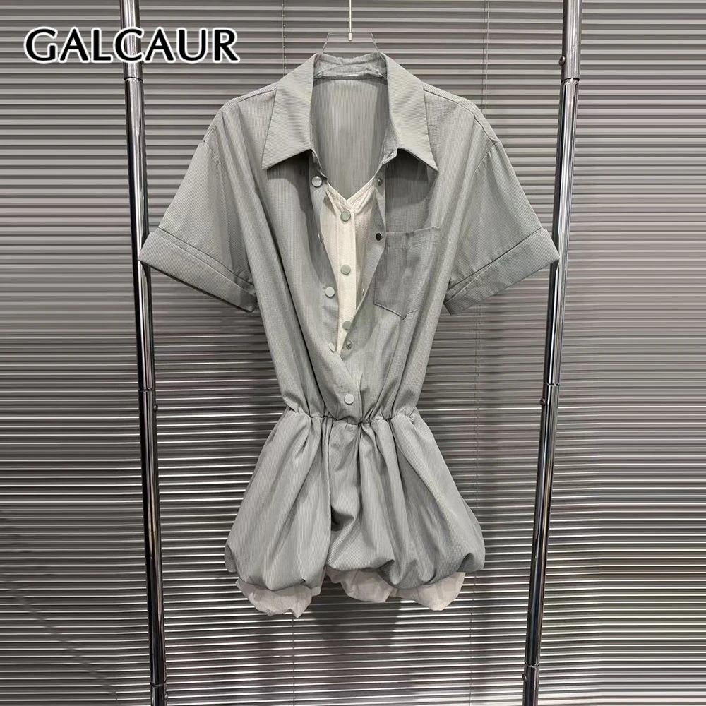GALCAUR Colorblock Slimming Spliced Single Buttons Dress for Women Lapel Short Sleeves Patchwork Folds Dresses Female Elegant