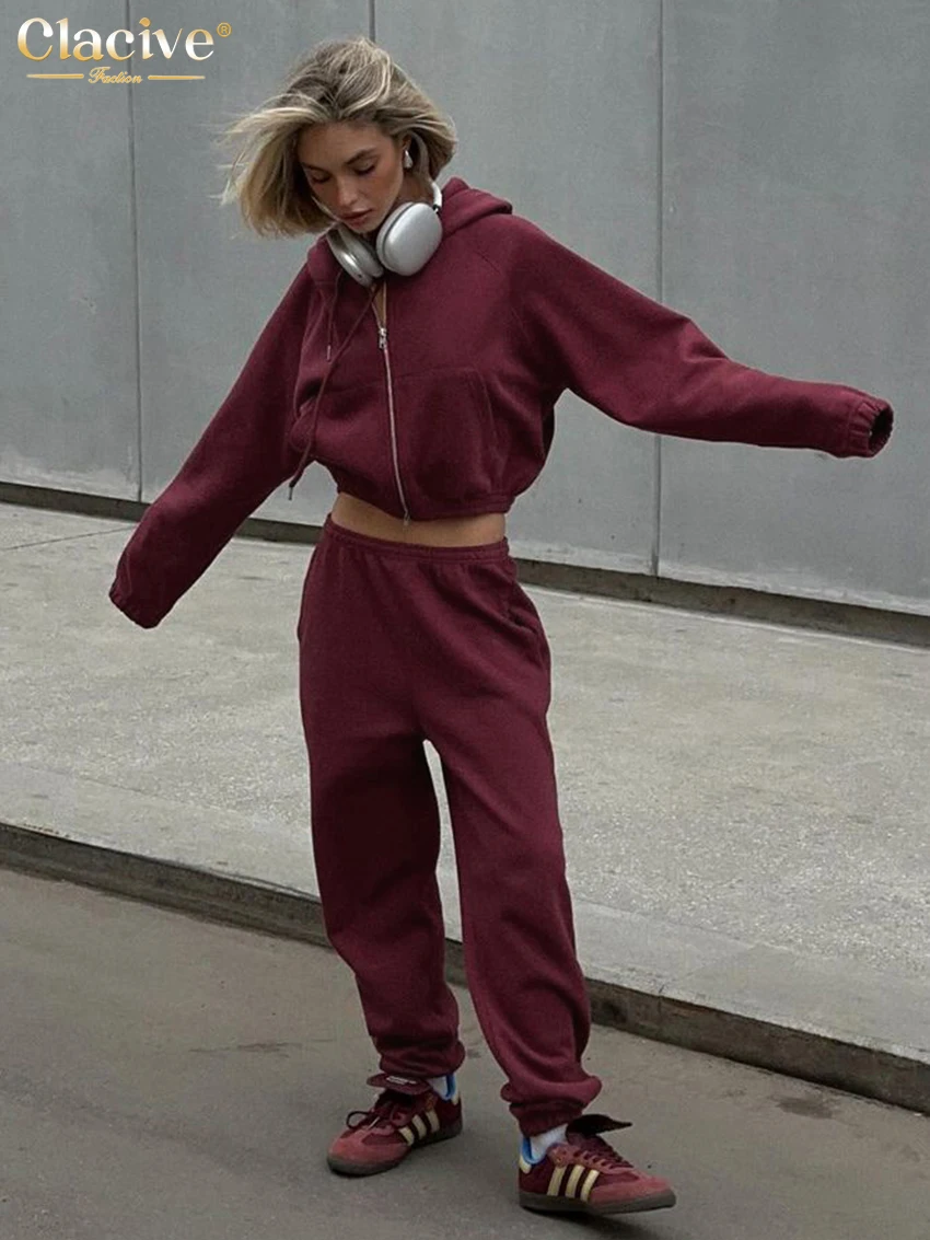 Clacive Winter Loose Red Women\'s Two Pieces Set 2024 Fashion Long Sleeve Shirt With Mid Waist Sweatpants Set Female Streetwear