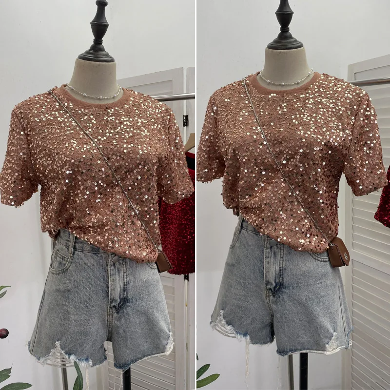 Blingbling Red Sequins Beading Loose Short Sleeve T-shirt All-match Round Neck Blingbling Shiny Hot Chick Crop Pullover Tops
