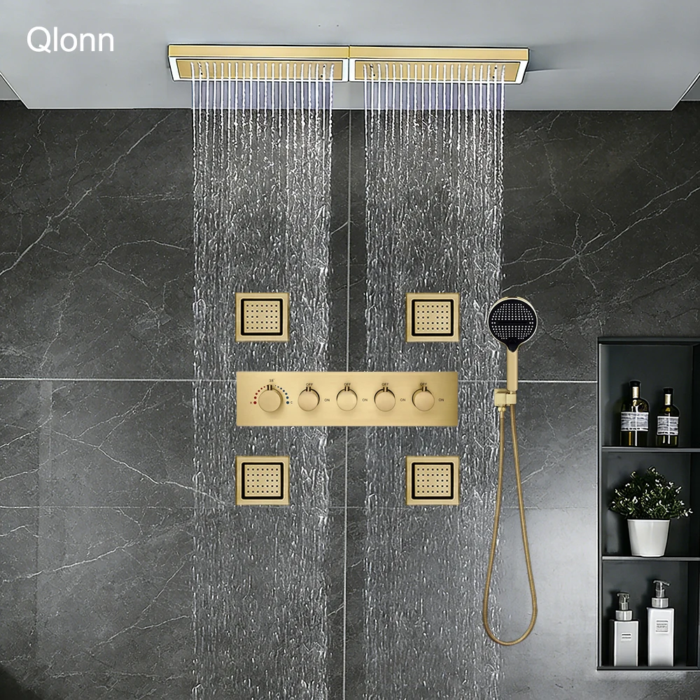 

Qlonn LED Smart Bathroom Showers Set 800*200mm Embedded Ceiling Shower Head Thermostatic Valve 4 Functions With Large Side Spray