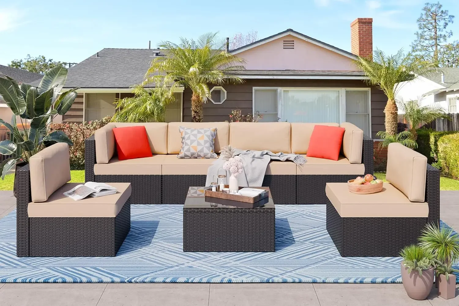 7 Pieces Outdoor Patio Furniture Sets, Outdoor Sectional Rattan Sofa, PE Manual Weaving Wicker Patio Conversation Set .