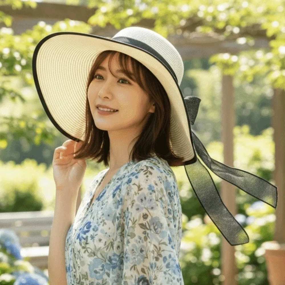 

Breathable Vacation Beach Cap Lightweight with Lace Ribbon Big Brimmed Straw Hat Sunshade Topi Folding Woven Sun Cap Spring