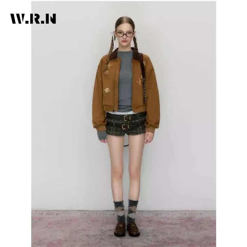 2024 Winter Female Vintage Style Loose Zipper Turn Down Collar Jacket For Women Street Patchwork Fashion Appliques Coat Top