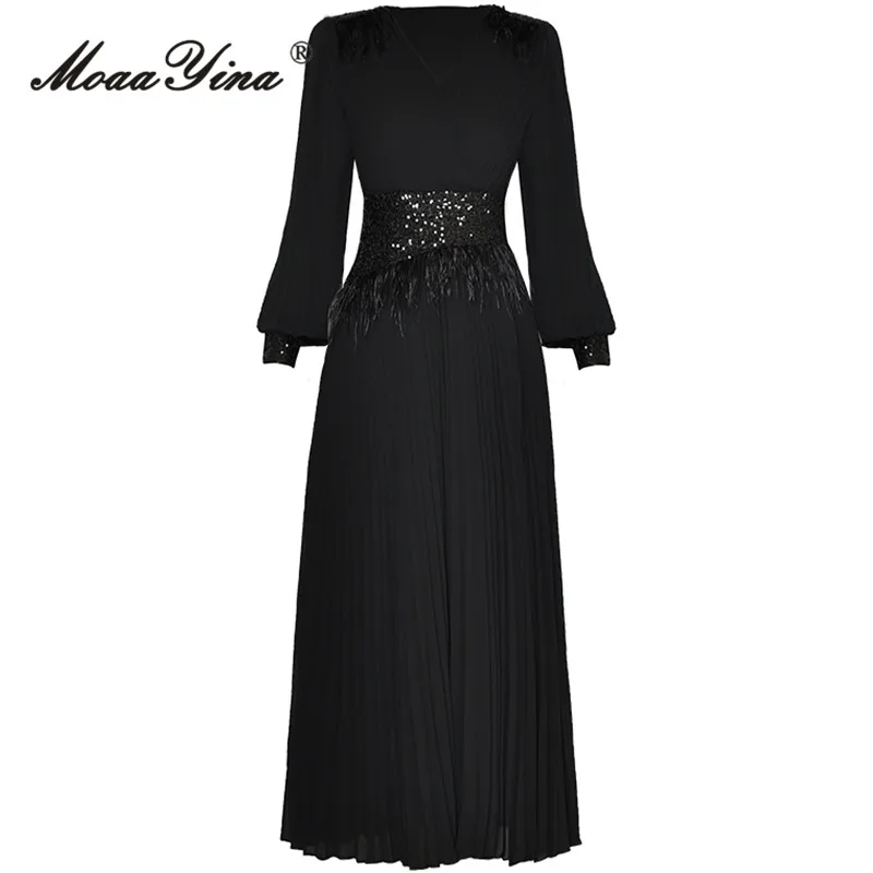 

MoaaYina Autumn Fashion Runway Black Vintage Party Dress Women Lantern Sleeve Sequins Feather High Waist Slim A-LINE Long Dress