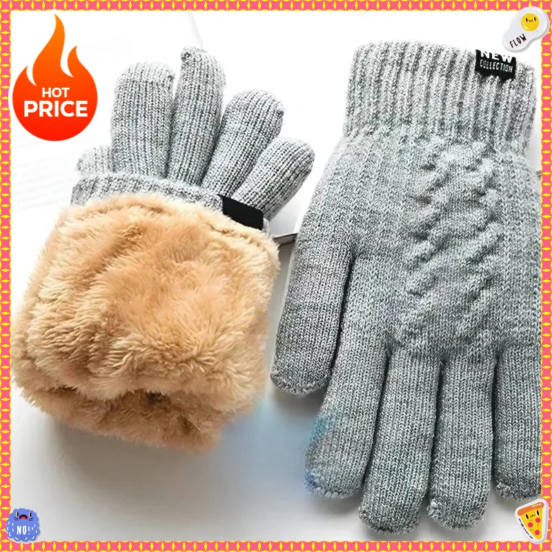 Thickened Wool Knit Cycling and Driving Gloves, Warm Full-Finger Gloves, Winter Touchscreen Fleece Gloves