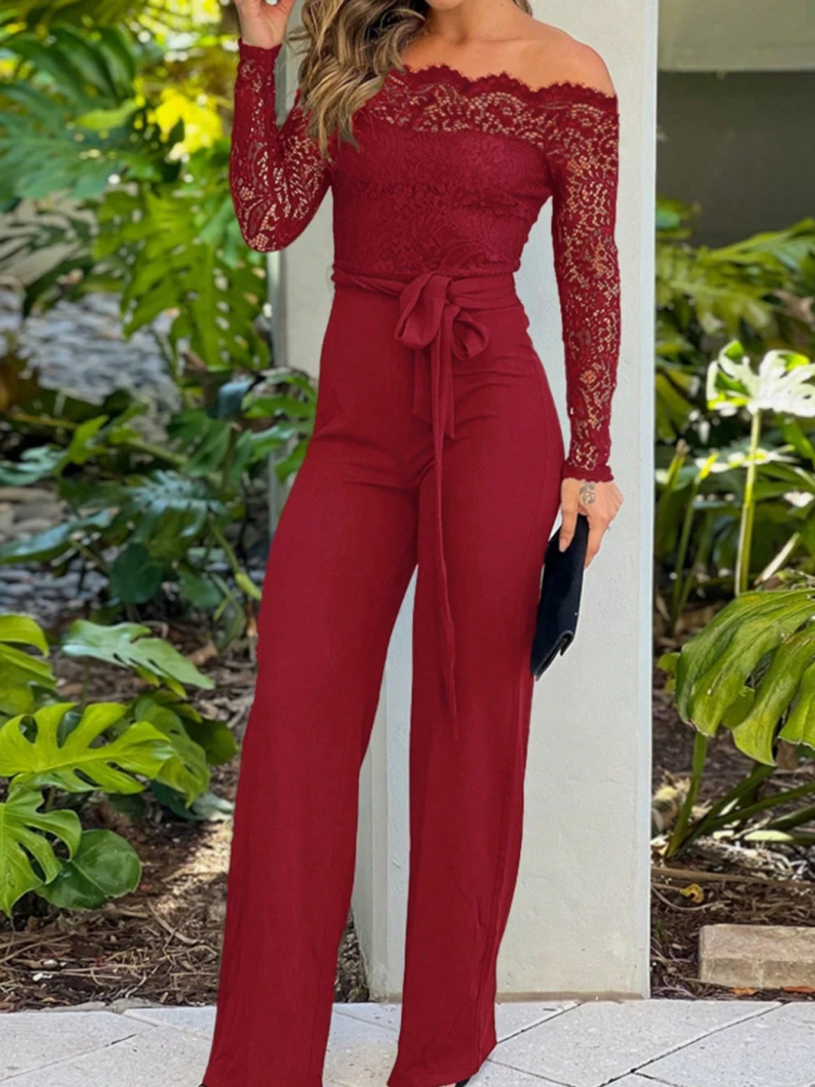 

Off Shoulder Long Sleeve Lace Patchwork Slim Fit Jumpsuit Tied Detail Casual Overalls