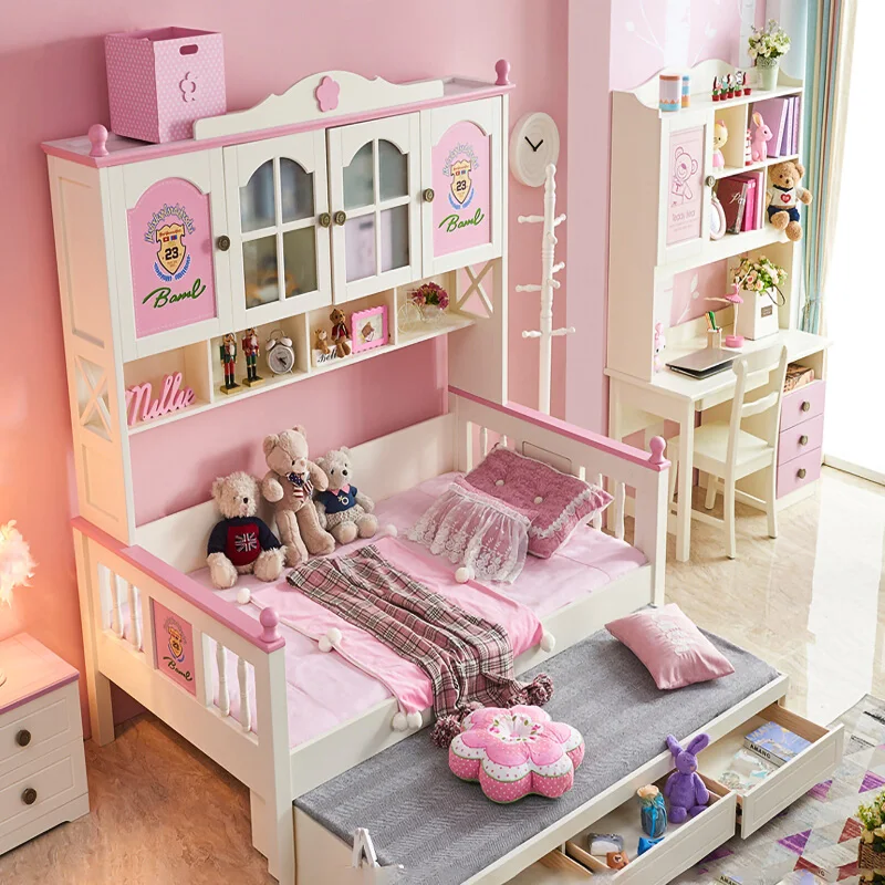 

Children's bed wardrobe integrated solid wood wardrobe bed girl princess bed multifunctional storage combination single bed cabi