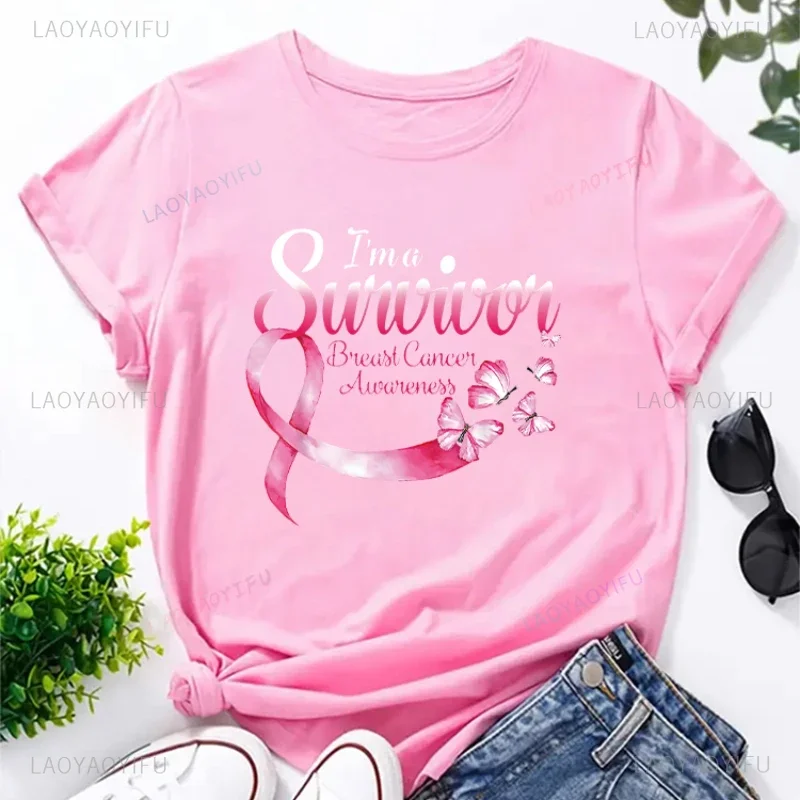 

Survivors Breast Cancer Breast Cancer Awareness Printing T-shirt Love Slogan Vintage Female T-shirt Cotton Comfort Top 2025 New