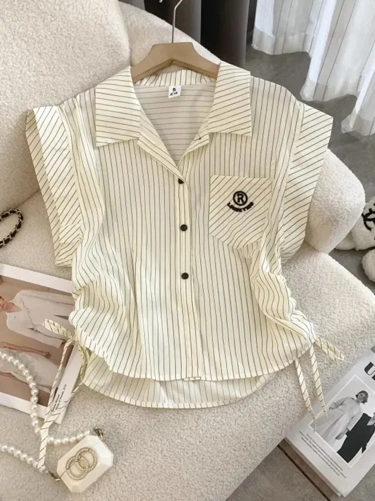 Jmprs ลายเสื้อผู้หญิง Vintage Preppy สไตล์น่ารักบินแขนเสื้อฤดูร้อนสบายๆหลวมเกาหลี Shirring หญิงเสื้อ