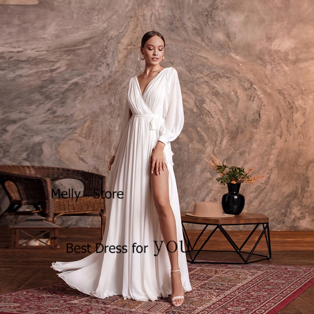 

Очаровательные свадебные платья с боковым разрезом и шифоном, лето 2024, свадебные платья с длинными рукавами и шлейфом, трапециевидное платье Vestido De Novia