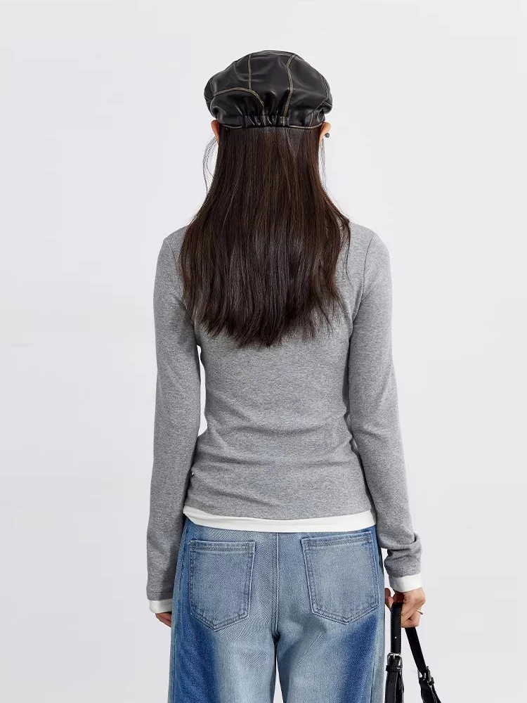 CHIC VEN Women Pullovers Fashion Casual Contrast Fake Two-piece‌ Slim T-Shirts Basic Female Clothing Autumn Winter New 2026